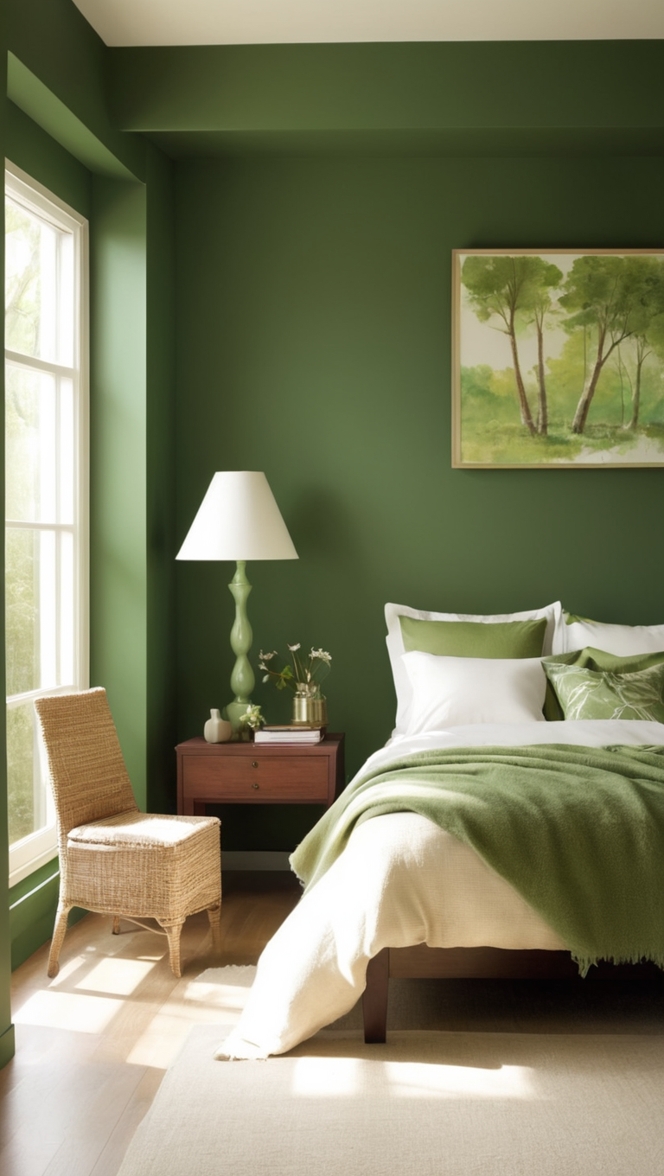 forest green paint, deep green walls, emerald green decor, moss green bedding, verdant bedroom design 