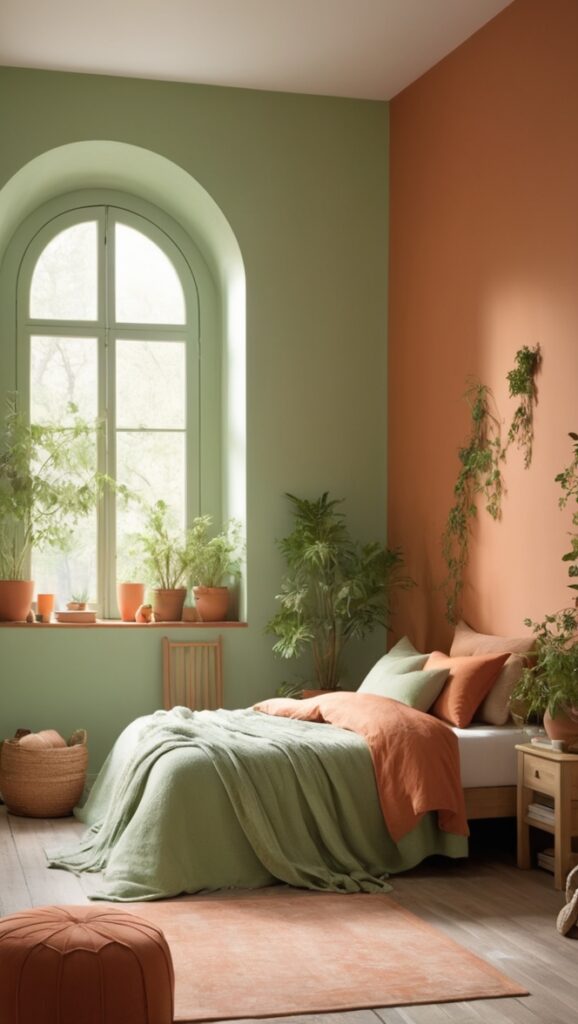 green and terracotta decor, terracotta bedroom ideas, green and terracotta color scheme, terracotta bedding, green and terracotta furniture