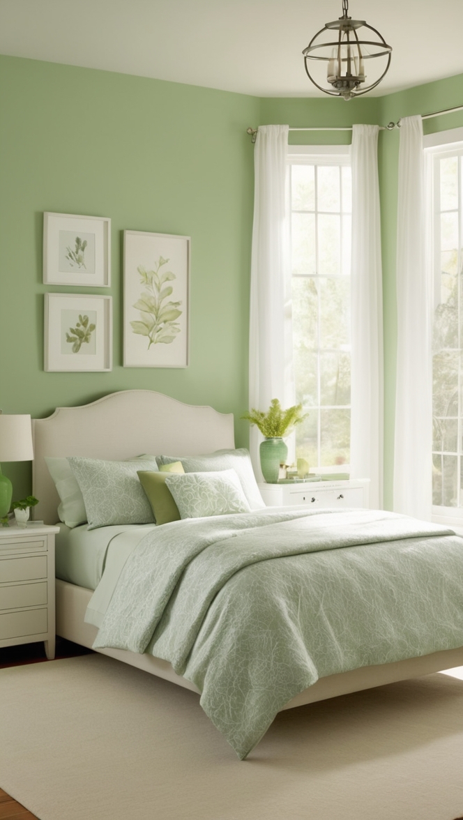 green and white decor, modern green bedroom, green white interior, green white furniture, green white curtain