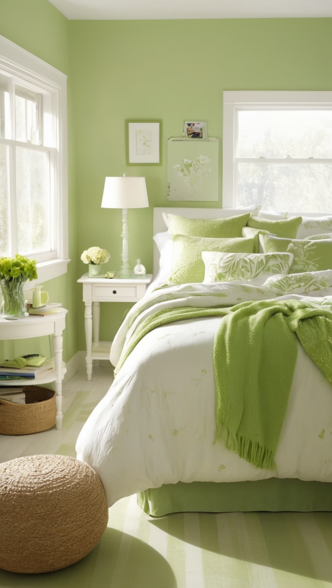 green and white decor, modern green bedroom, green white interior, green white furniture, green white curtain 