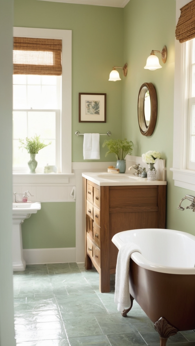 green bathroom tiles, wooden bathroom cabinets, eco-friendly bathroom flooring, sustainable bathroom design, natural wood bathroom vanity