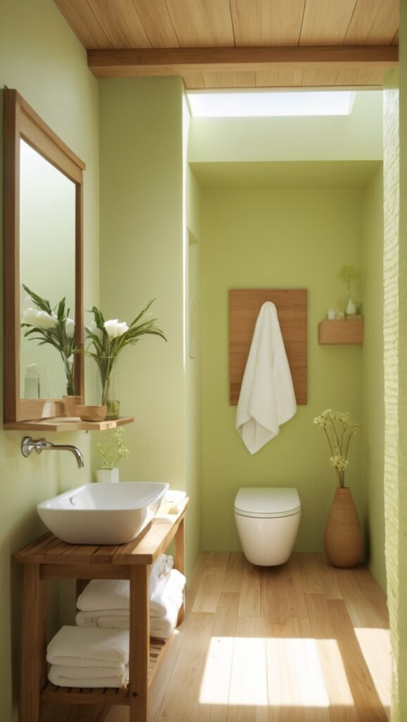 green bathroom tiles, wooden bathroom cabinets, eco-friendly bathroom flooring, sustainable bathroom design, natural wood bathroom vanity