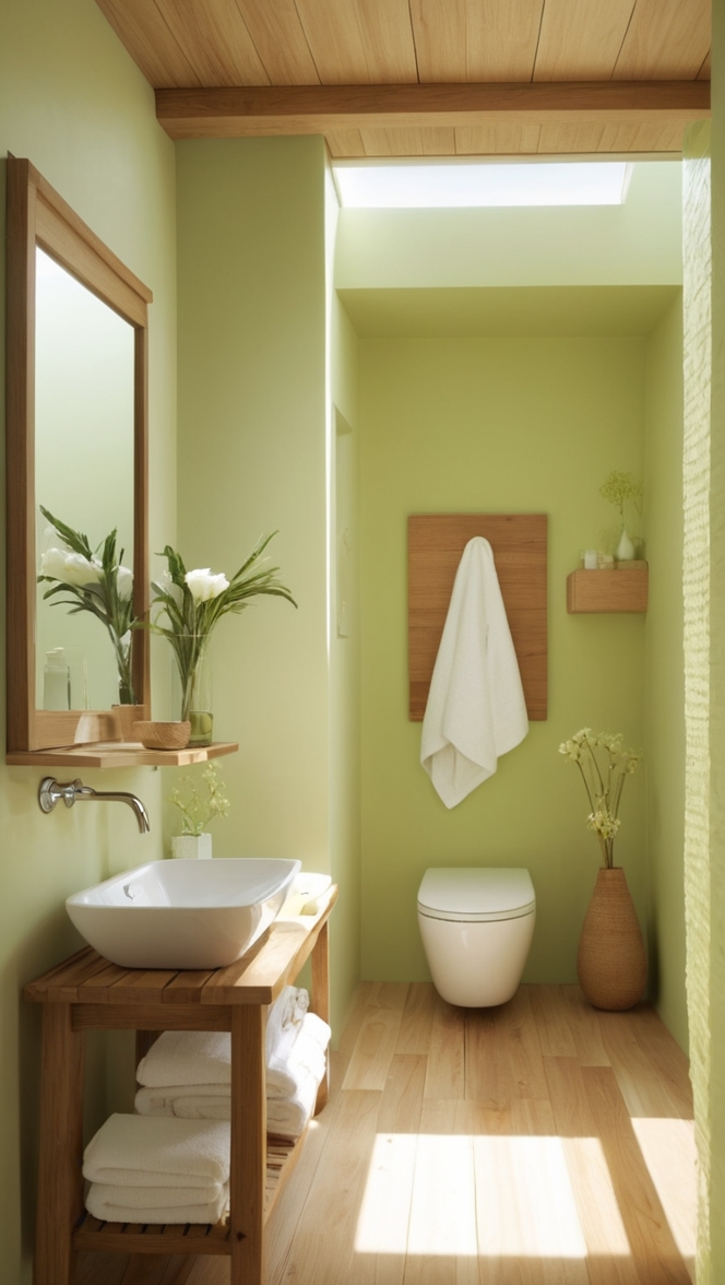 green bathroom tiles, wooden bathroom cabinets, eco-friendly bathroom flooring, sustainable bathroom design, natural wood bathroom vanity 
