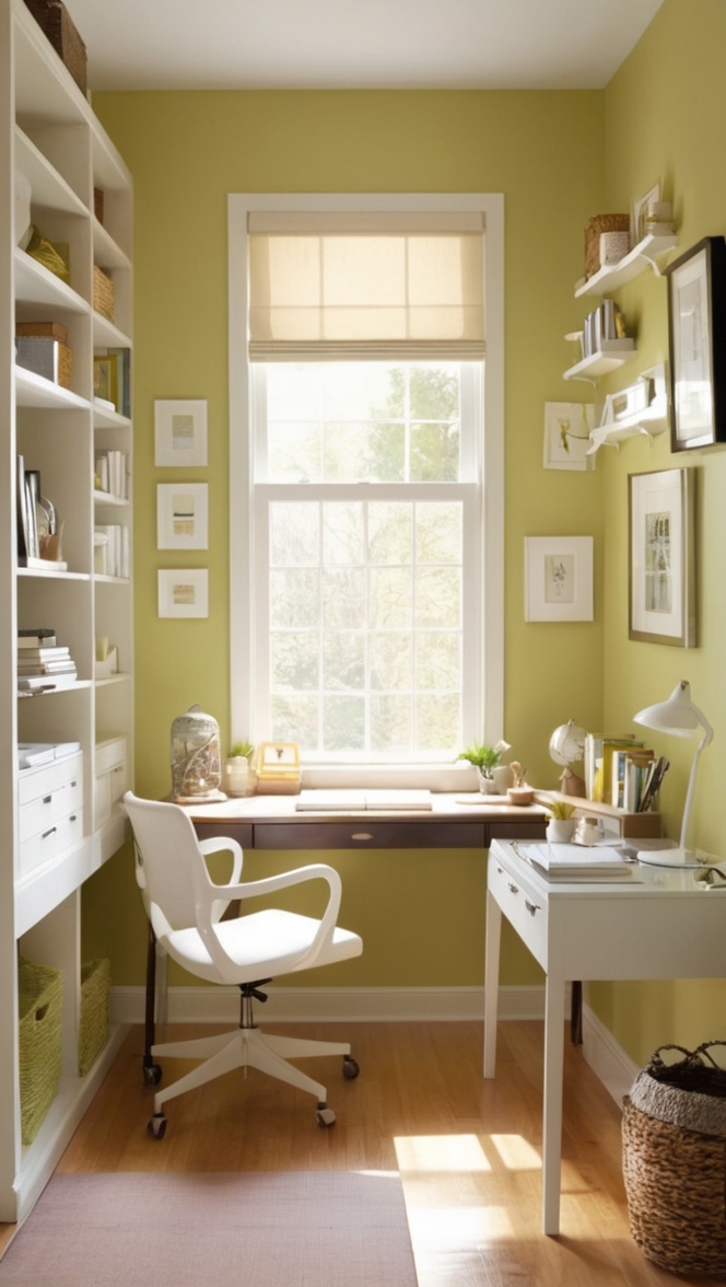 home office design, small office layout, cozy workspace, compact desk setup, minimalist home office 