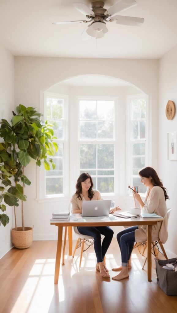 home office design, couple desk setup, dual workstation setup, home office organization, shared office space