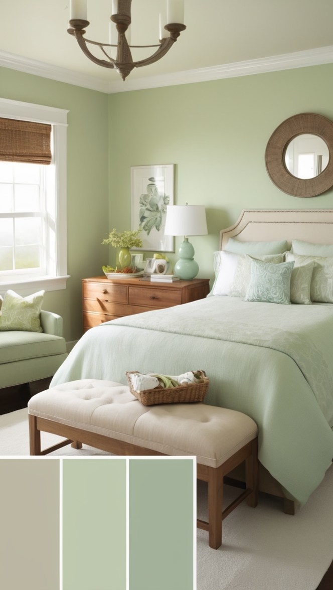 light green walls, soft green bedding, pastel green curtains, mint green decor, pale green furniture