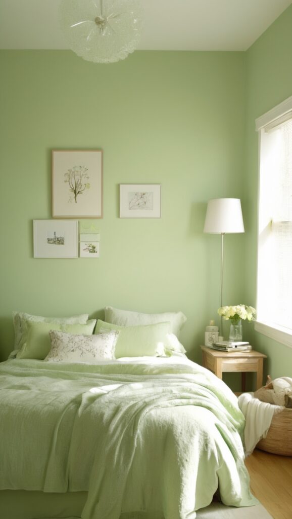 light green walls, soft green bedding, pastel green curtains, mint green decor, pale green furniture