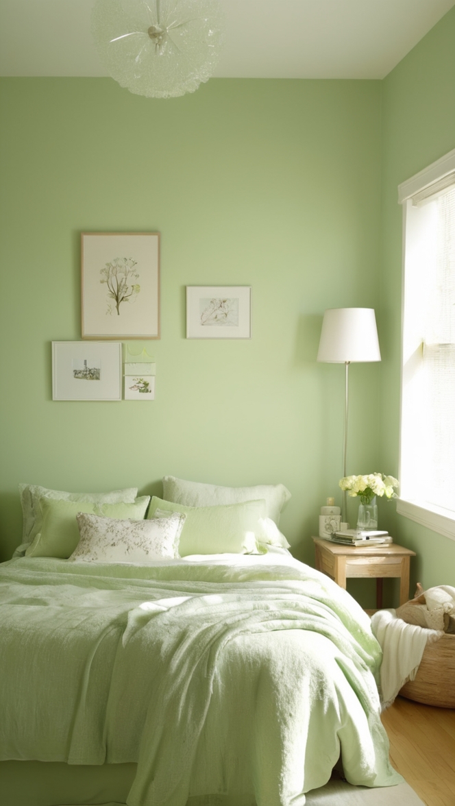 light green walls, soft green bedding, pastel green curtains, mint green decor, pale green furniture 