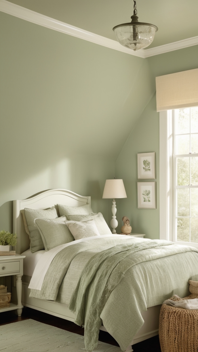 light green paint, sage green decor, calming green bedroom, soft green walls, tranquil green bedroom