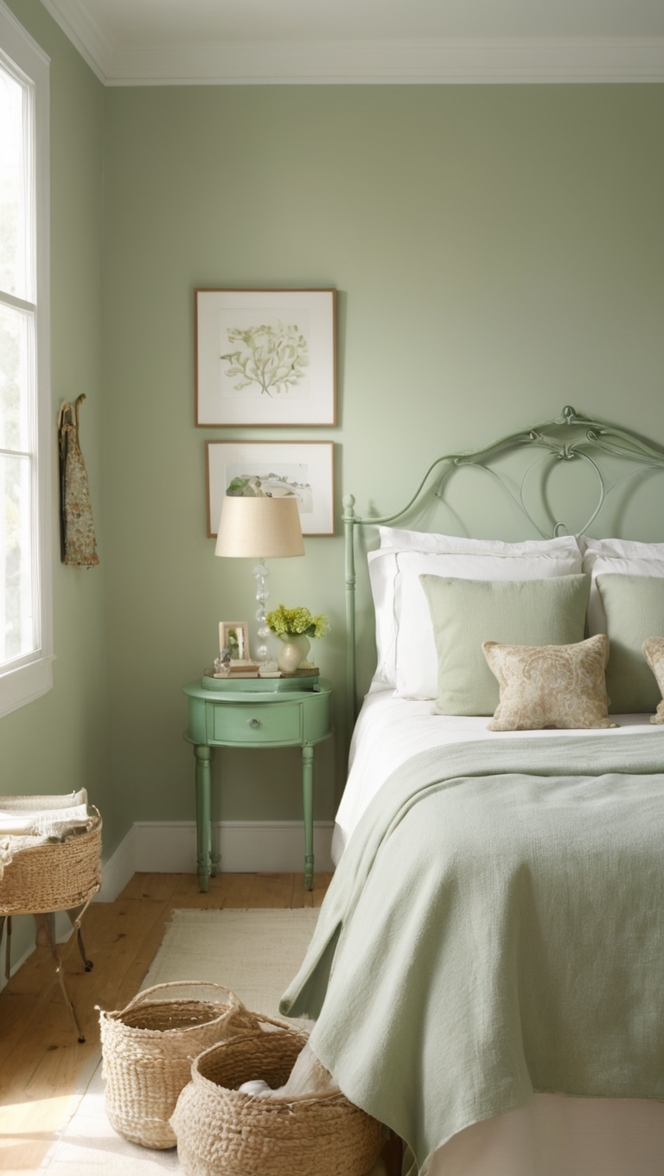 light green paint, sage green decor, calming green bedroom, soft green walls, tranquil green bedroom 