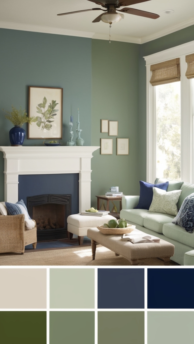 navy blue sofa, sage green decor, Living room color scheme, modern navy blue curtains, green accent wall