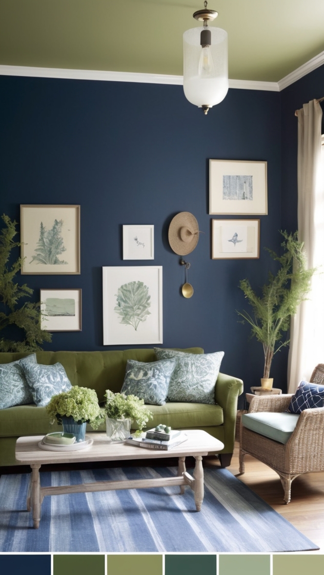 navy blue sofa, sage green decor, Living room color scheme, modern navy blue curtains, green accent wall 