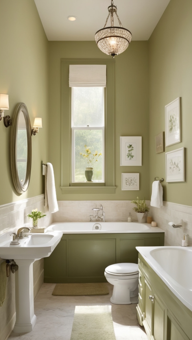 olive green tile, olive green paint, olive green vanity, olive green decor, olive green shower