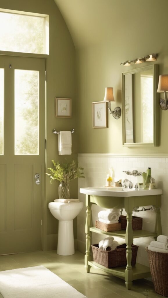 olive green tile, olive green paint, olive green vanity, olive green decor, olive green shower