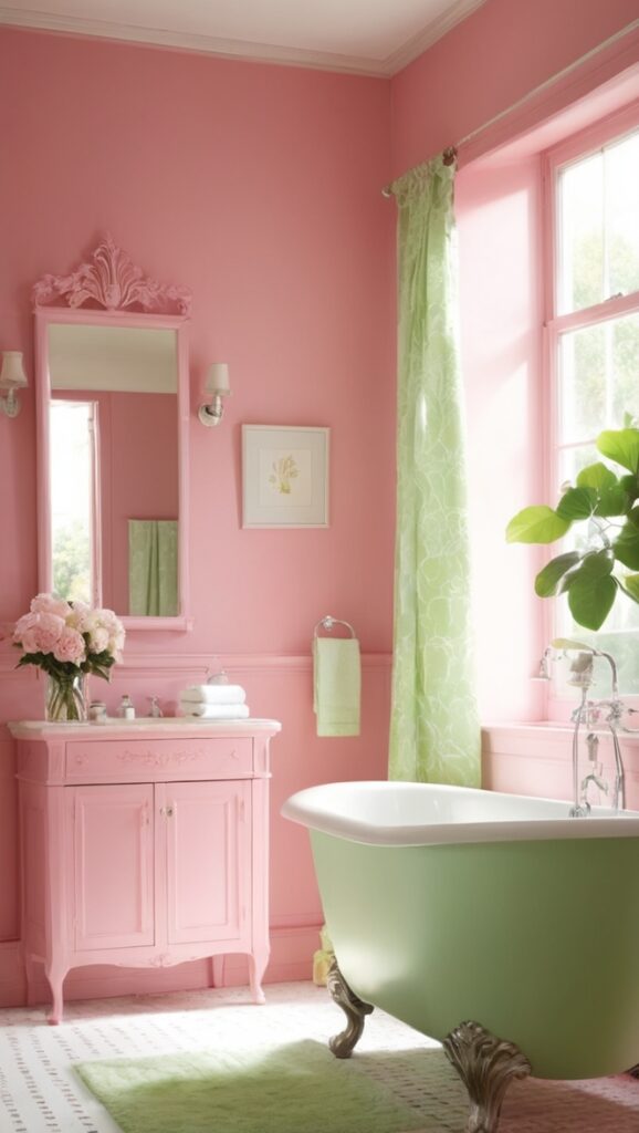 pink bathroom decor, green bathroom accessories, pastel bathroom design, colorful shower curtains, modern bathroom tiles