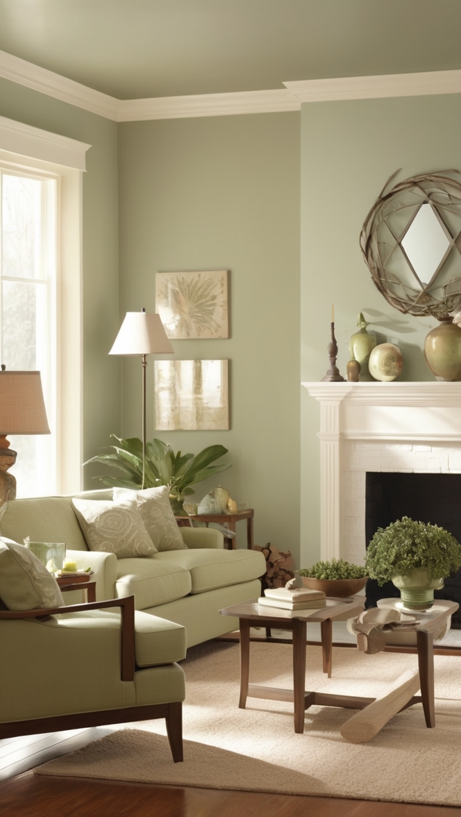 green living room decor, beige home accessories, sage green curtains, neutral living room furniture, earth tone wall paint