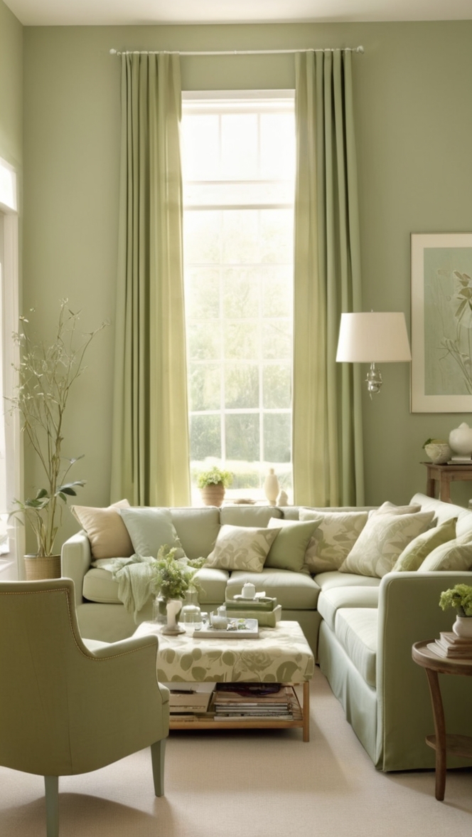green living room decor, beige home accessories, sage green curtains, neutral living room furniture, earth tone wall paint 