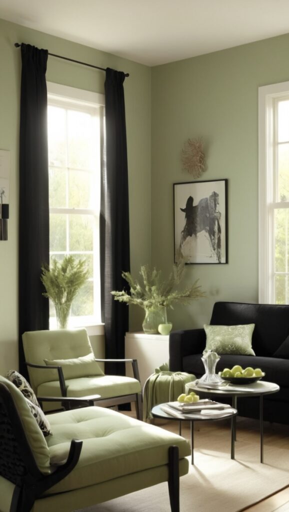 sage green sofa ,black velvet curtains ,luxury sage green rug ,modern black coffee table,sleek sage green walls
