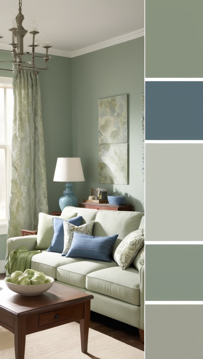 sage green sofa, blue accent wall, living room decor, modern furniture, interior design ideas