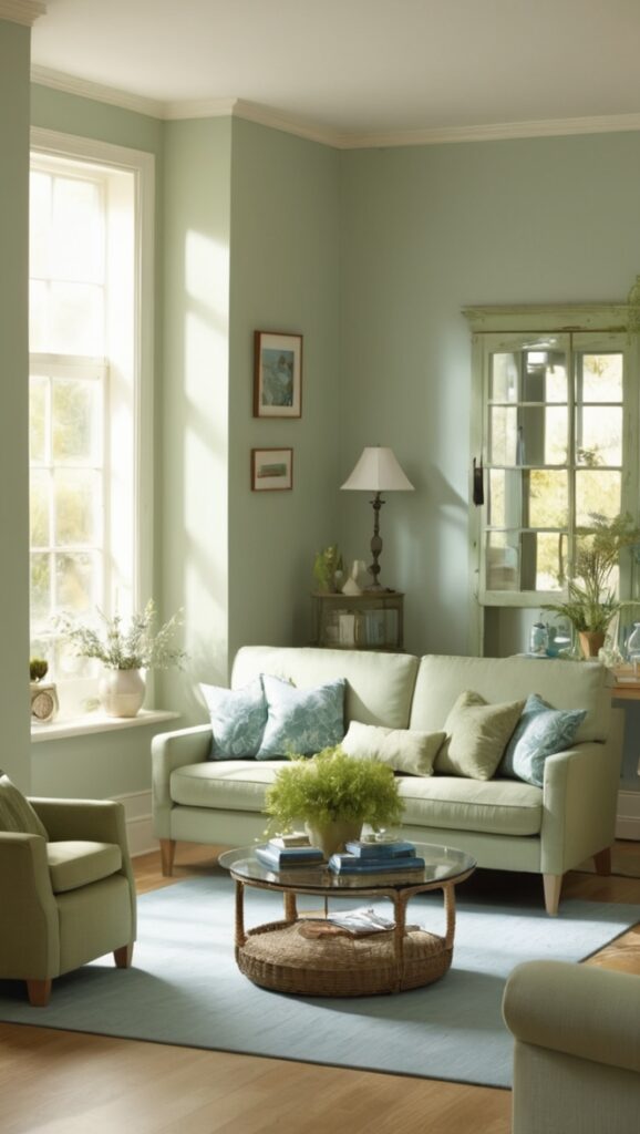 sage green sofa, blue accent wall, living room decor, modern furniture, interior design ideas