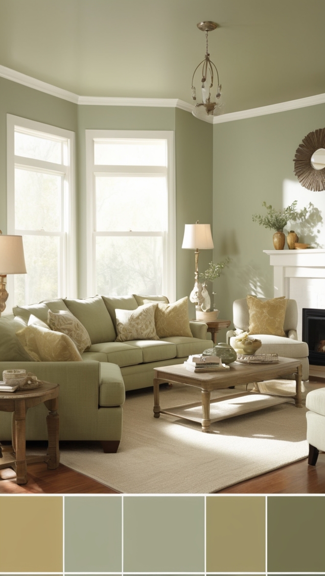 sage green curtains, sage green throw pillows, gold accent decor, sage green area rug, gold table lamps