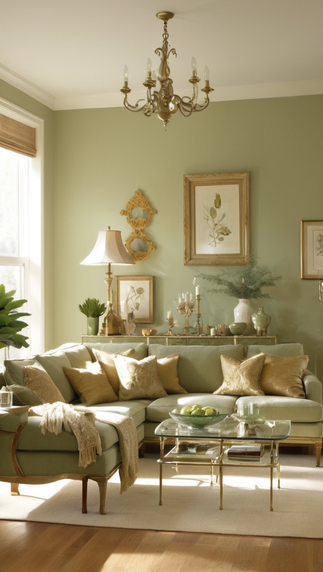 sage green curtains, sage green throw pillows, gold accent decor, sage green area rug, gold table lamps 