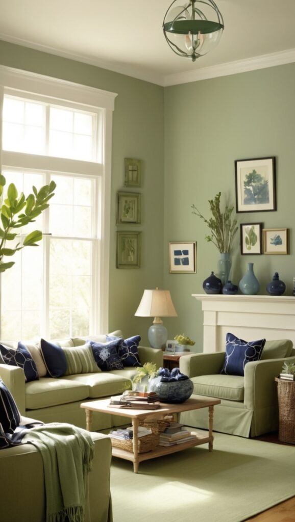 sage green sofa, navy accent wall, living room decor, modern farmhouse style, interior design trends