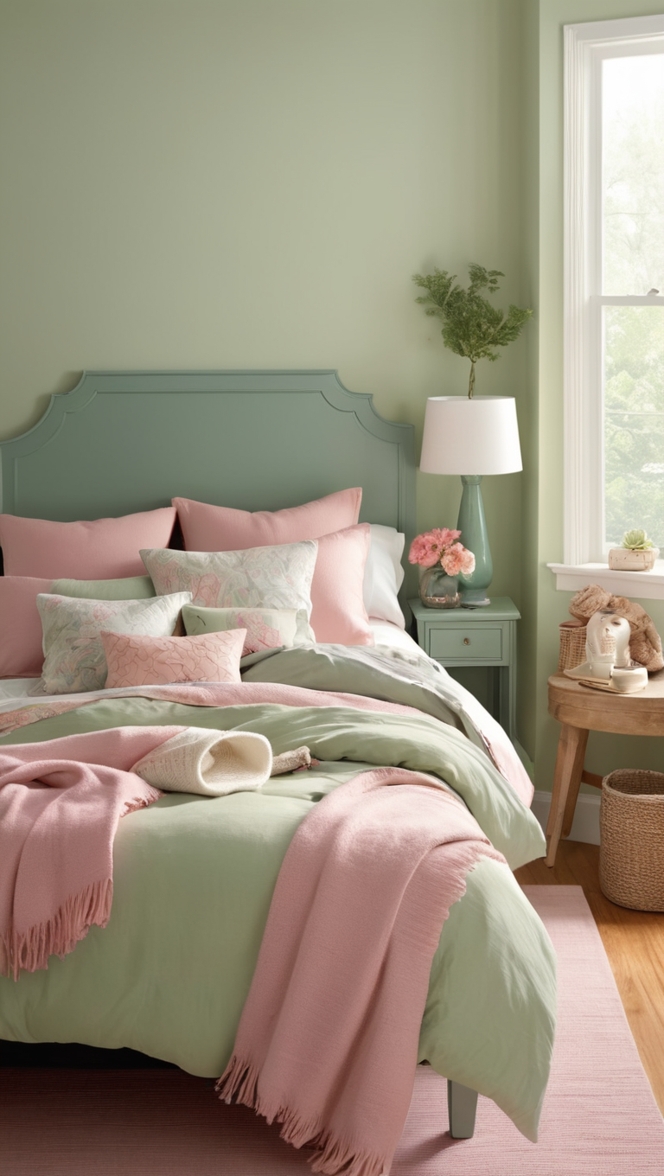 sage green comforter, pink bedroom decor, sage green curtains, pink and green bedding, sage green pillows