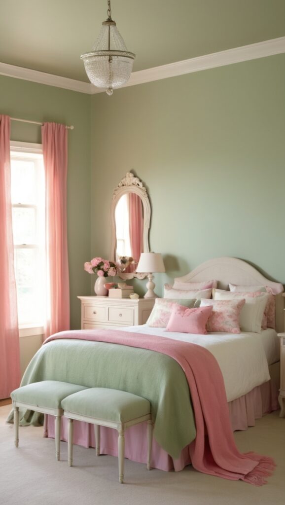sage green comforter, pink bedroom decor, sage green curtains, pink and green bedding, sage green pillows