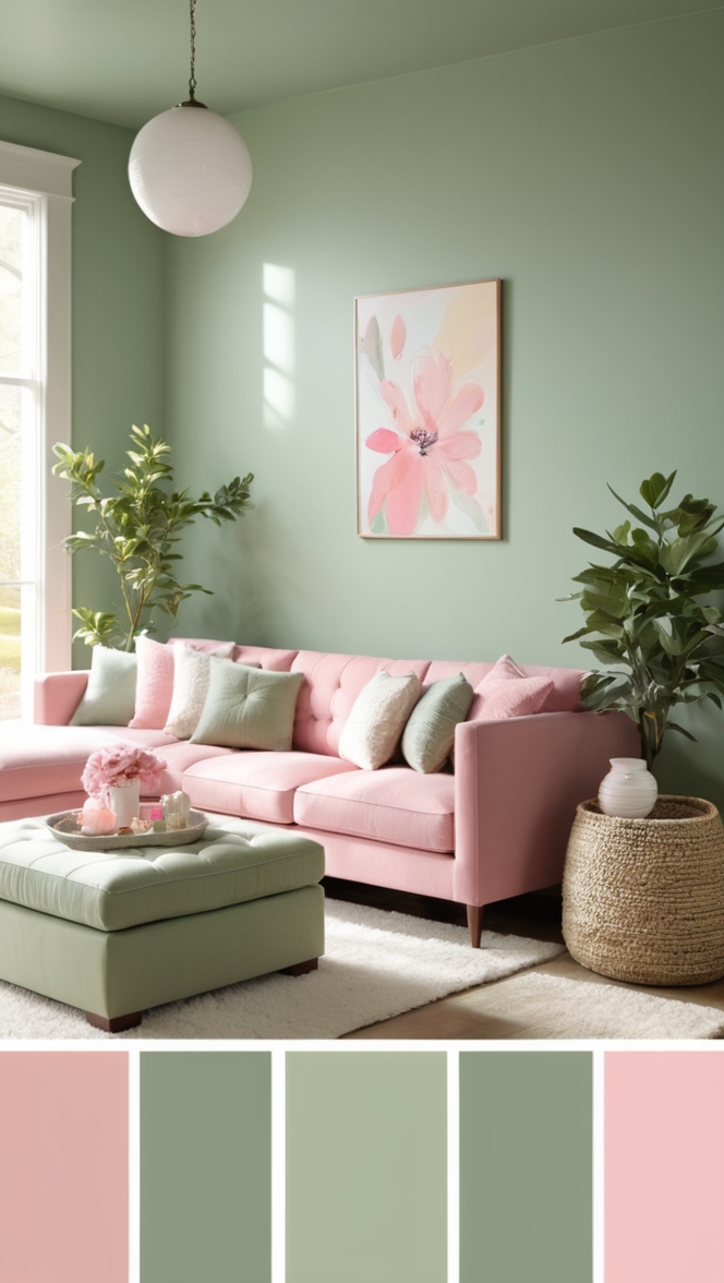 sage green decor , pink room accessories , elegant living room design , pastel color palette , interior design inspiration