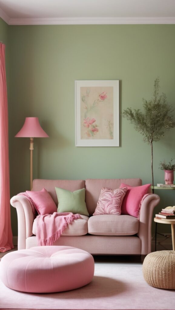 sage green decor , pink room accessories , elegant living room design , pastel color palette , interior design inspiration