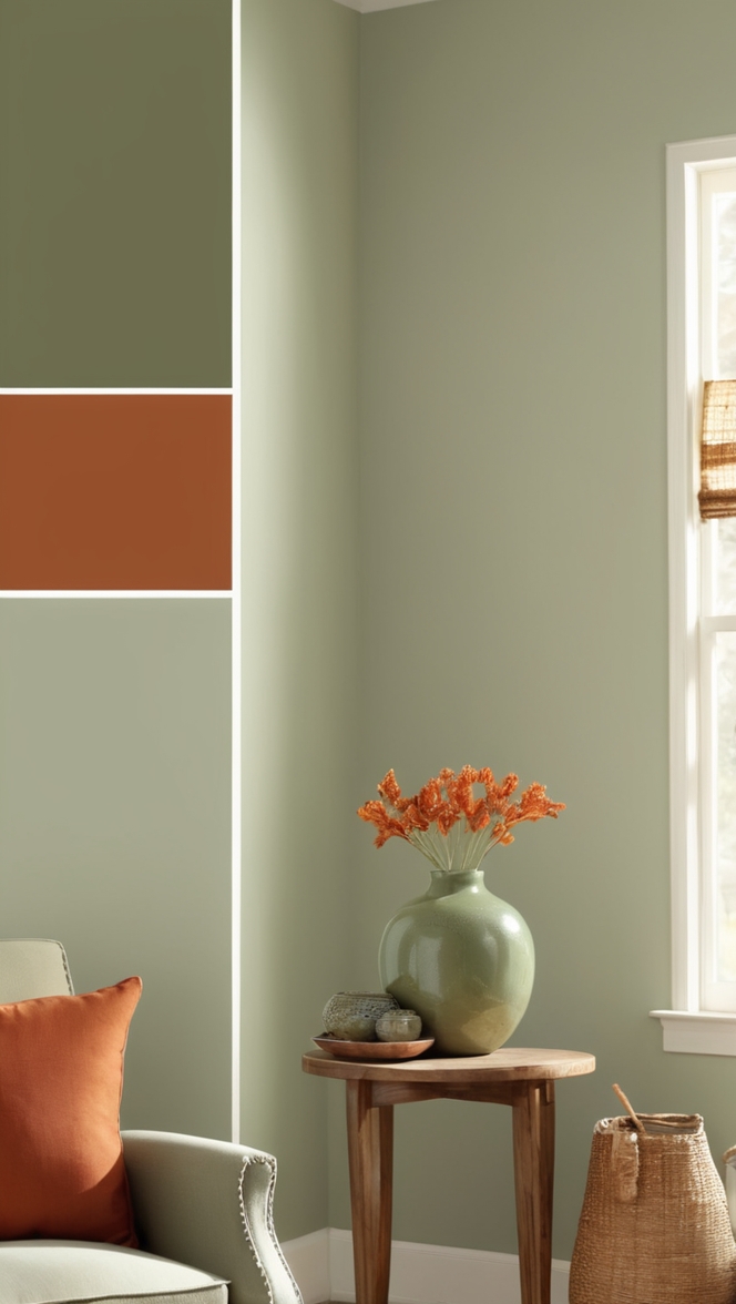 sage green sofa, rust-colored curtains, modern rustic decor, earthy green walls, luxury rust-colored pillows