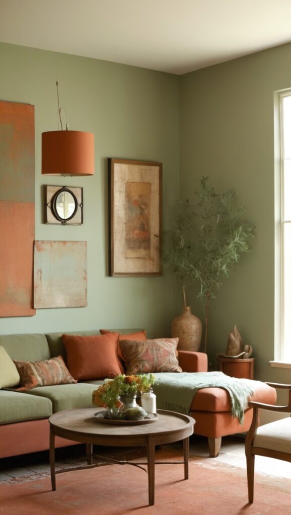 sage green sofa, rust-colored curtains, modern rustic decor, earthy green walls, luxury rust-colored pillows