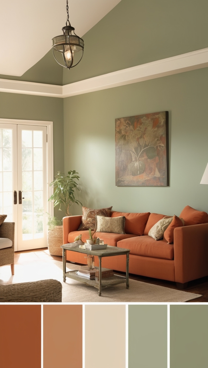 sage green furniture, terracotta wall paint, cozy living room decor, earthy color palette, elegant interior design