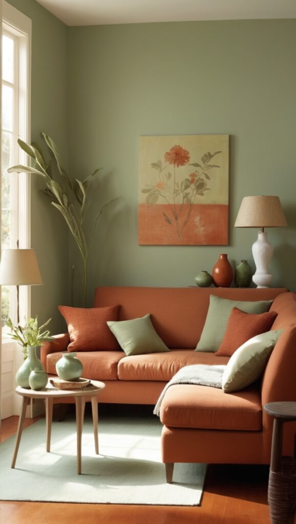sage green furniture, terracotta wall paint, cozy living room decor, earthy color palette, elegant interior design
