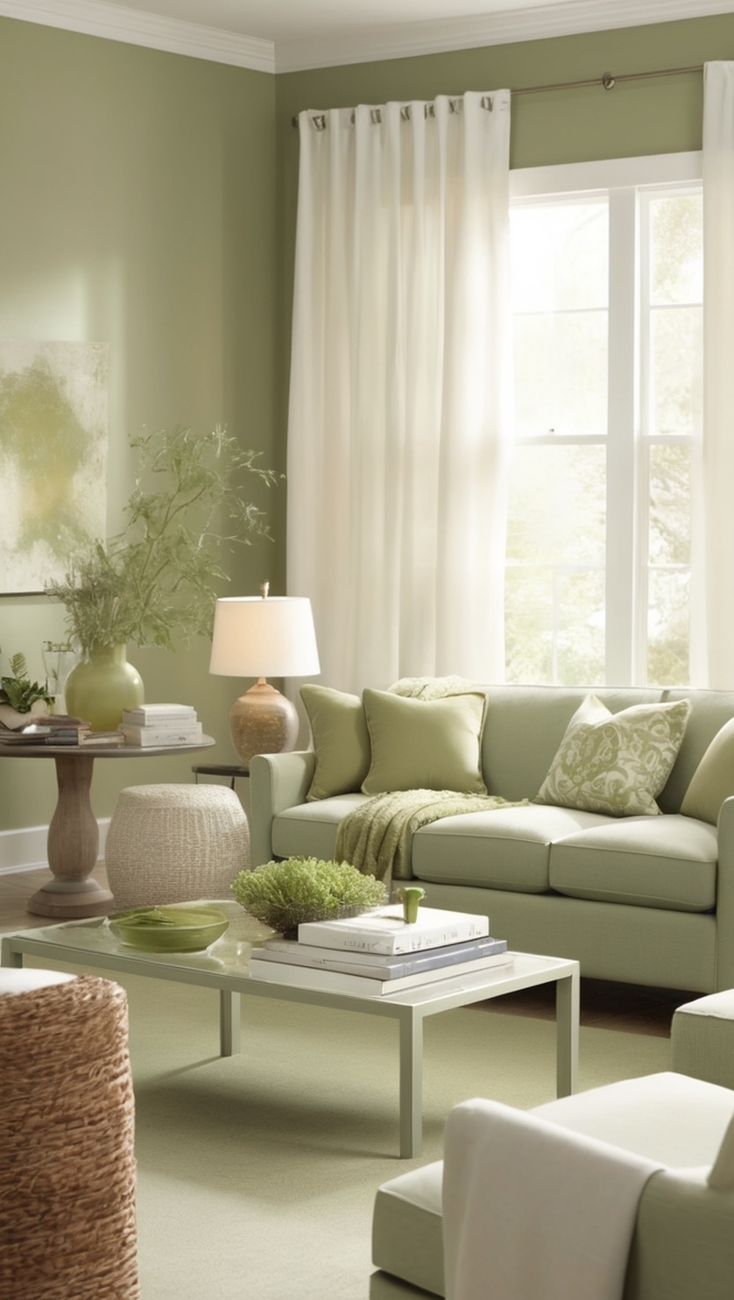 sage green furniture, white living room decor, modern sage green, elegant white living room, minimalist sage green