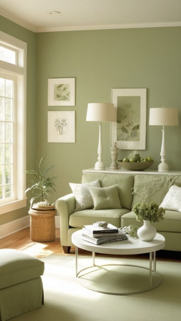 sage green furniture, white living room decor, modern sage green, elegant white living room, minimalist sage green