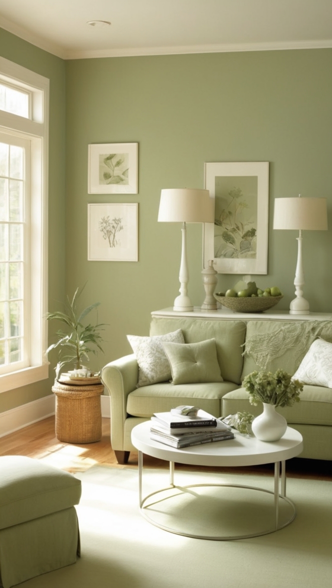 sage green furniture, white living room decor, modern sage green, elegant white living room, minimalist sage green 