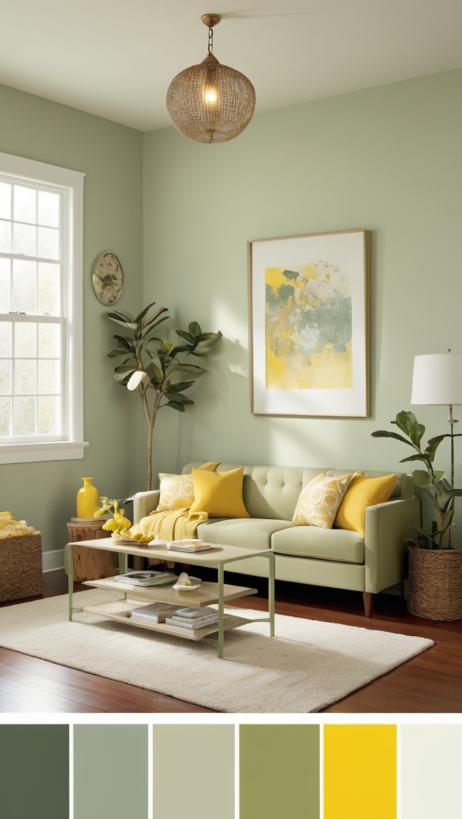 sage green walls, mustard yellow decor, rustic green furniture, lime green accents, olive green sofa