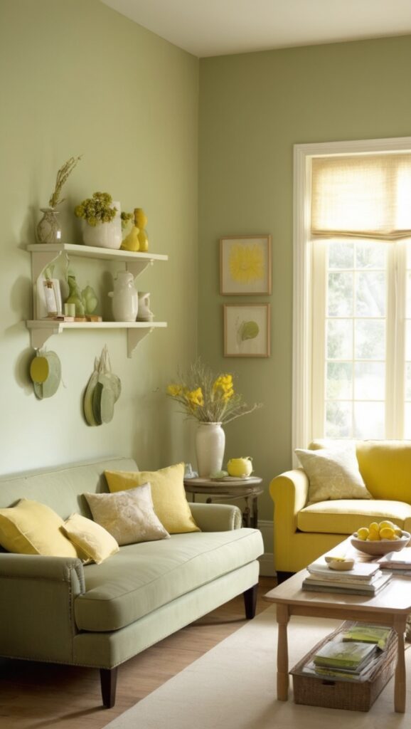 sage green walls, mustard yellow decor, rustic green furniture, lime green accents, olive green sofa