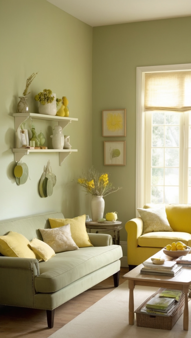 sage green walls, mustard yellow decor, rustic green furniture, lime green accents, olive green sofa 