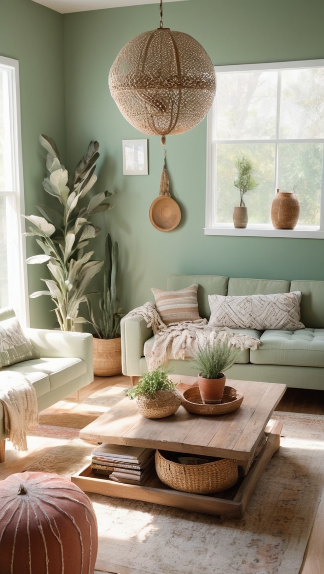sage green sofa, boho chic decor, modern boho living room, sage green accents, bohemian interior design