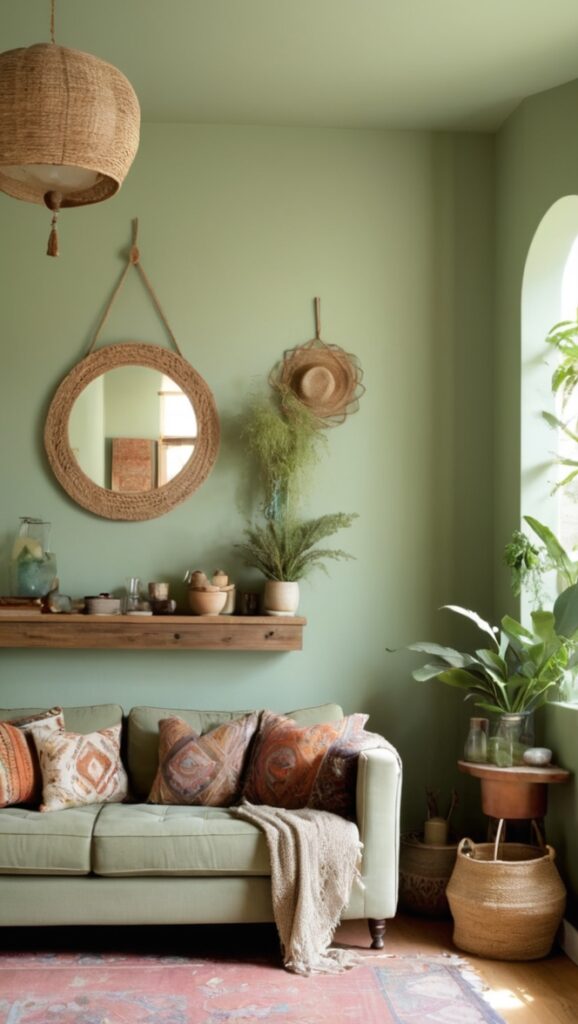 sage green sofa, boho chic decor, modern boho living room, sage green accents, bohemian interior design