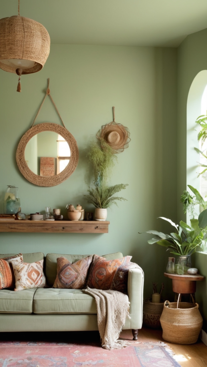sage green sofa, boho chic decor, modern boho living room, sage green accents, bohemian interior design 