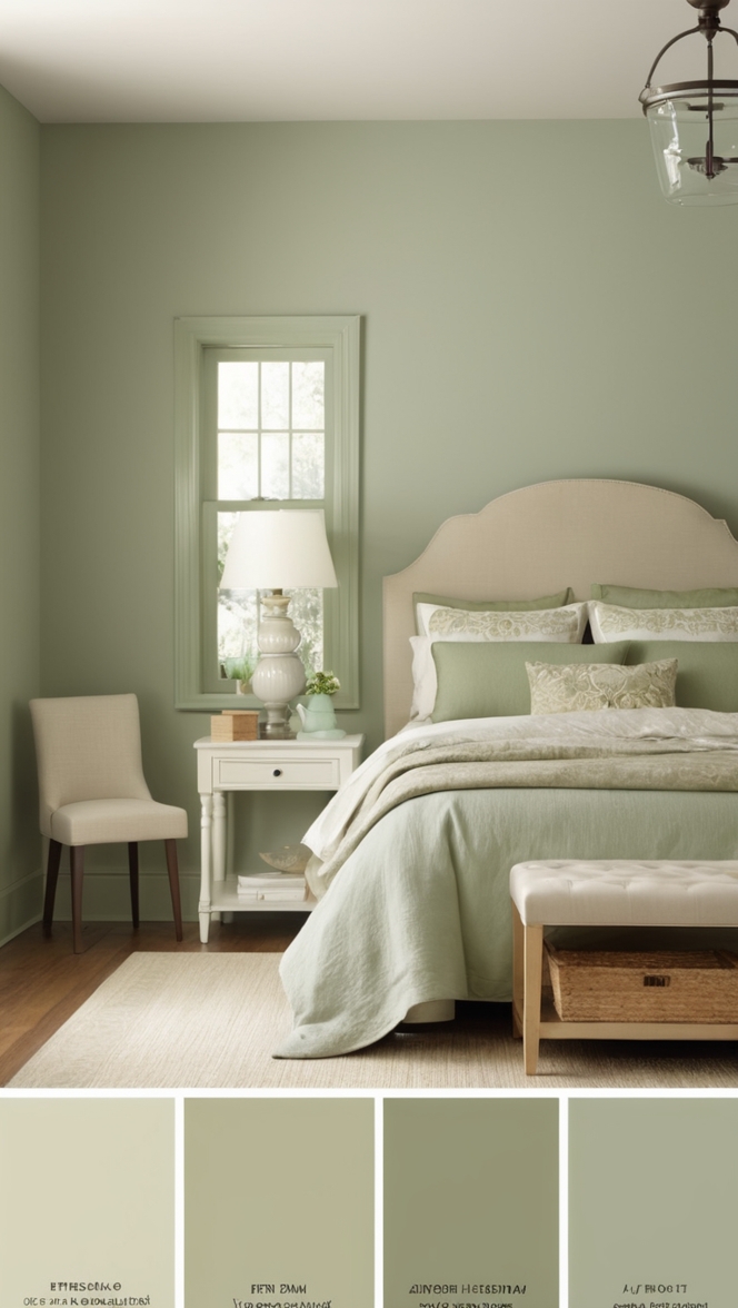 sage green bedroom decor, sage green paint ideas, sage green bedding, sage green curtains, sage green accent wall