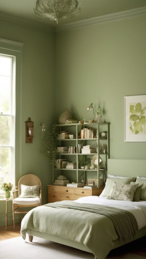sage green bedroom decor, sage green paint ideas, sage green bedding, sage green curtains, sage green accent wall