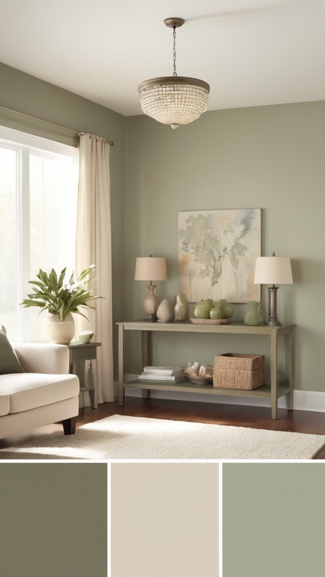 taupe living room decor, sage green interior design, taupe and sage color scheme, green and brown living room, earthy living room palette