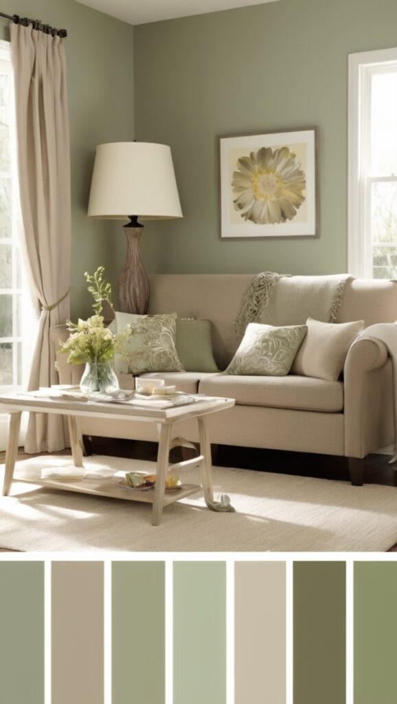taupe living room decor, sage green interior design, taupe and sage color scheme, green and brown living room, earthy living room palette