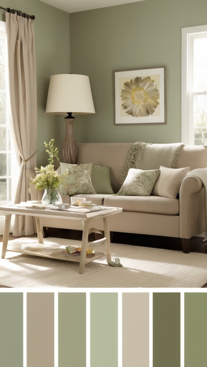 taupe living room decor, sage green interior design, taupe and sage color scheme, green and brown living room, earthy living room palette 