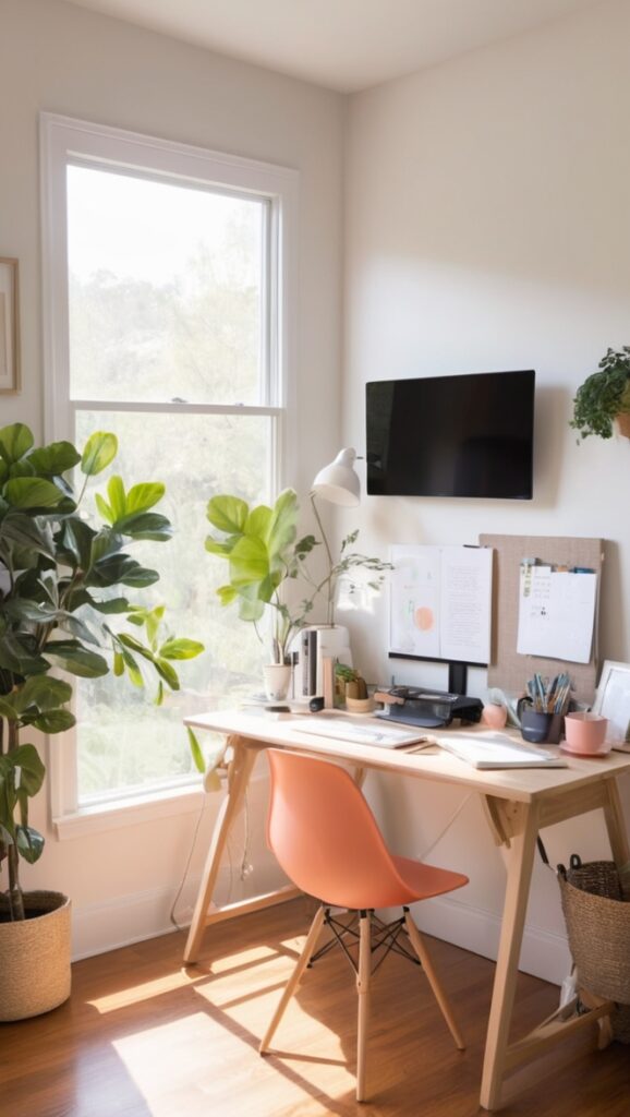 work from home setup, home office organization, telecommuting workspace, remote work environment, at-home office design